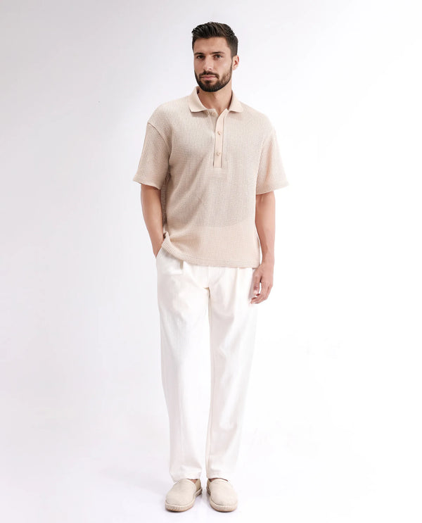 Rare Rabbit Men's Lbiza Beige Cotton Fabric Short Sleeve Collared Neck Button Closure Knitted Shirt