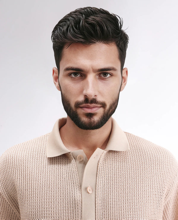 Rare Rabbit Men's Lbiza Beige Cotton Fabric Short Sleeve Collared Neck Button Closure Knitted Shirt