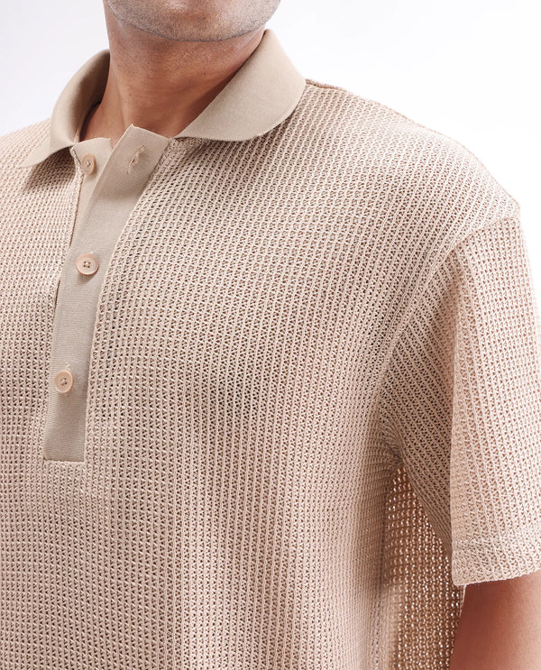 Rare Rabbit Men's Lbiza Beige Cotton Fabric Short Sleeve Collared Neck Button Closure Knitted Shirt