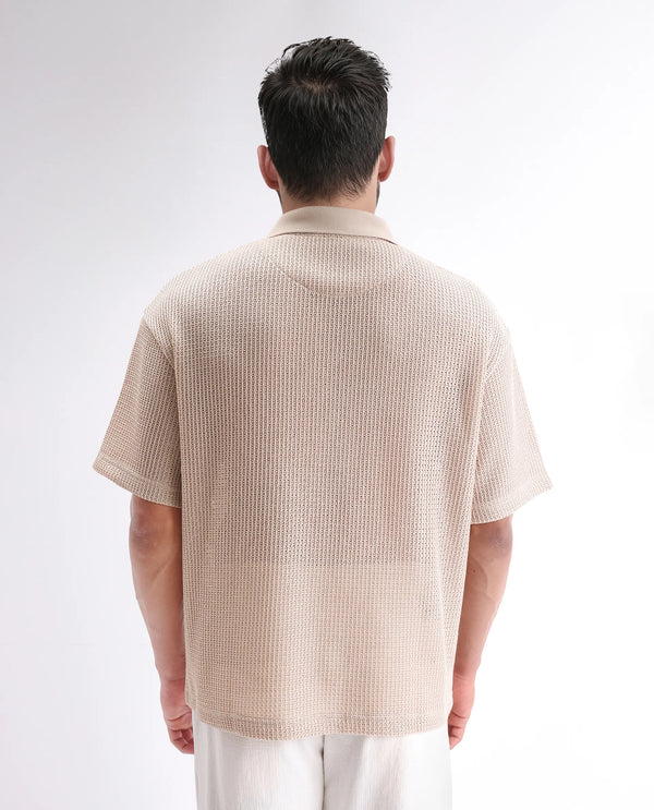 Rare Rabbit Men's Lbiza Beige Cotton Fabric Short Sleeve Collared Neck Button Closure Knitted Shirt