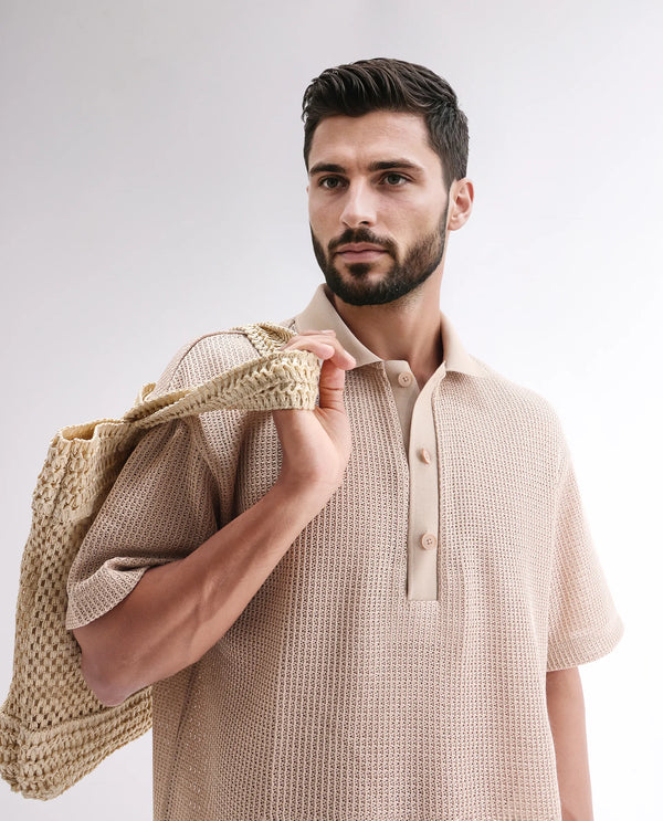 Rare Rabbit Men's Lbiza Beige Cotton Fabric Short Sleeve Collared Neck Button Closure Knitted Shirt