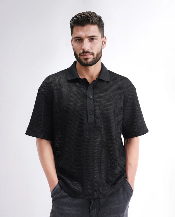 Rare Rabbit Men's Lbiza Black Cotton Fabric Full Sleeve Collared Neck Button Closure Knitted Shirt