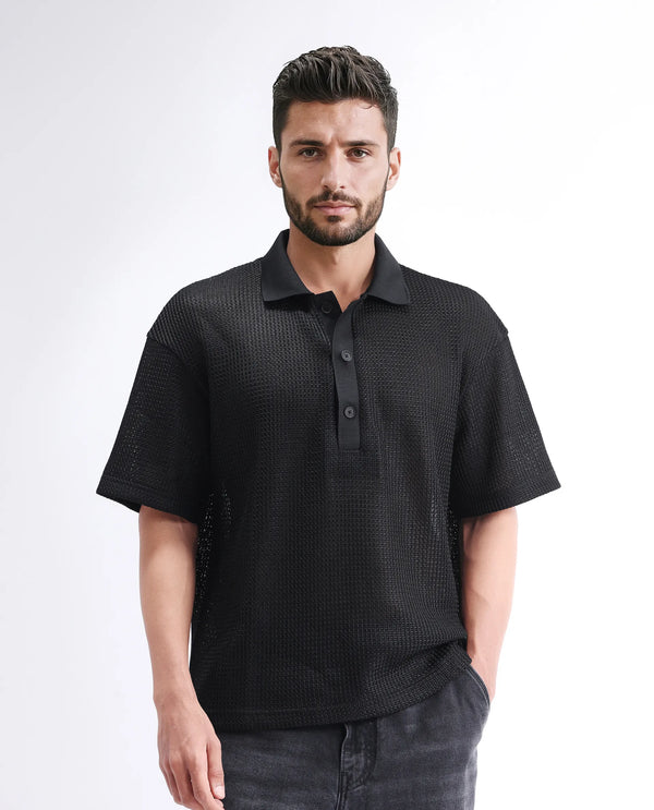 Rare Rabbit Men's Lbiza Black Cotton Fabric Full Sleeve Collared Neck Button Closure Knitted Shirt