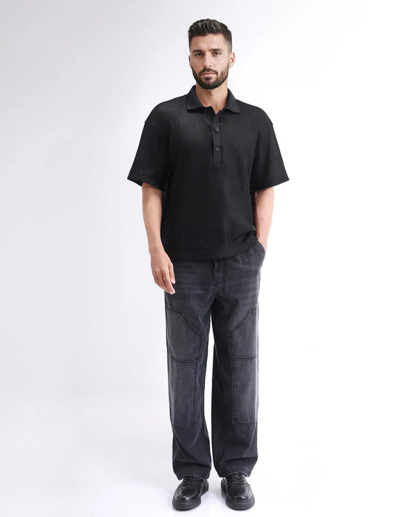 Rare Rabbit Men's Lbiza Black Cotton Fabric Full Sleeve Collared Neck Button Closure Knitted Shirt