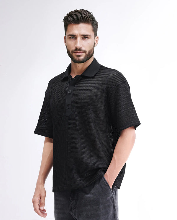 Rare Rabbit Men's Lbiza Black Cotton Fabric Full Sleeve Collared Neck Button Closure Knitted Shirt