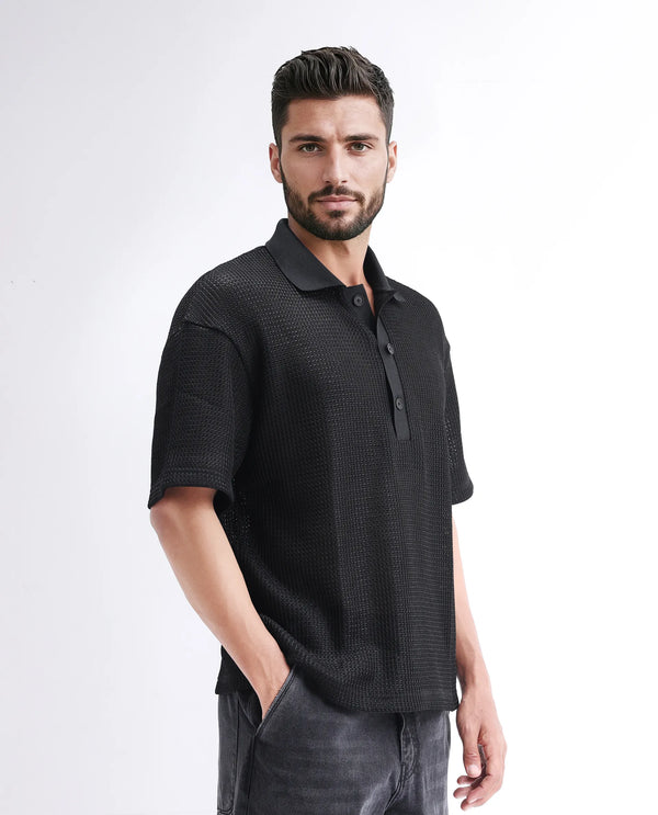 Rare Rabbit Men's Lbiza Black Cotton Fabric Full Sleeve Collared Neck Button Closure Knitted Shirt