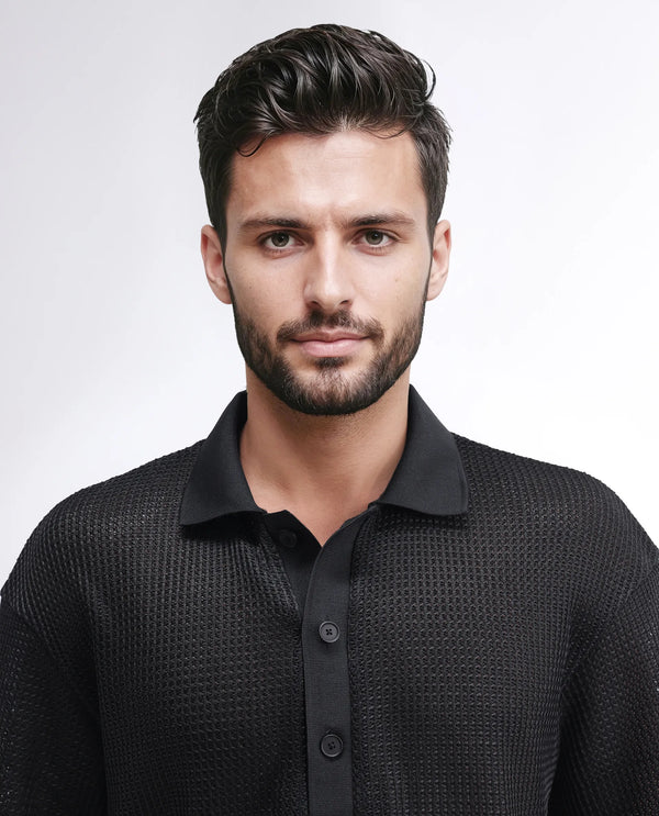 Rare Rabbit Men's Lbiza Black Cotton Fabric Full Sleeve Collared Neck Button Closure Knitted Shirt