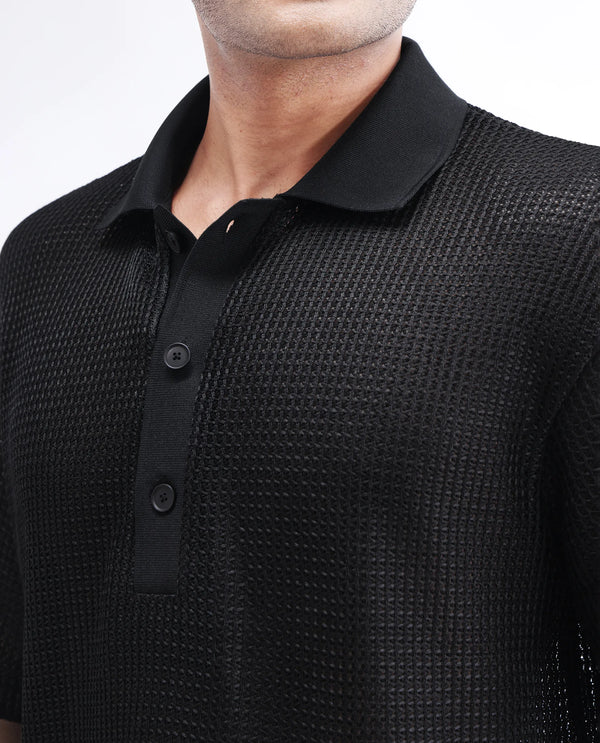 Rare Rabbit Men's Lbiza Black Cotton Fabric Full Sleeve Collared Neck Button Closure Knitted Shirt