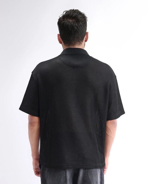 Rare Rabbit Men's Lbiza Black Cotton Fabric Full Sleeve Collared Neck Button Closure Knitted Shirt