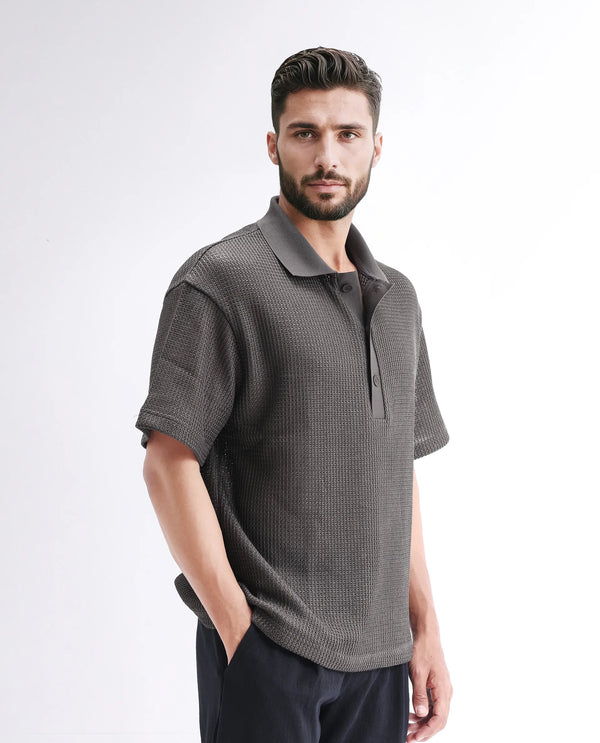 Rare Rabbit Men's Lbiza Dark Grey Cotton Fabric Short Sleeve Collared Neck Button Closure Knitted Shirt