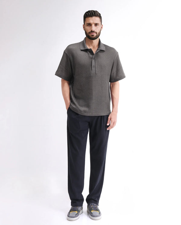 Rare Rabbit Men's Lbiza Dark Grey Cotton Fabric Short Sleeve Collared Neck Button Closure Knitted Shirt