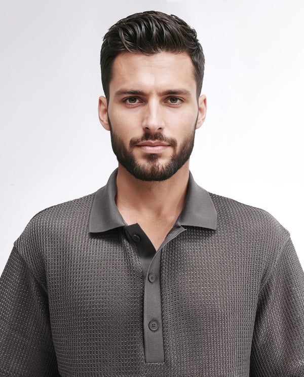 Rare Rabbit Men's Lbiza Dark Grey Cotton Fabric Short Sleeve Collared Neck Button Closure Knitted Shirt
