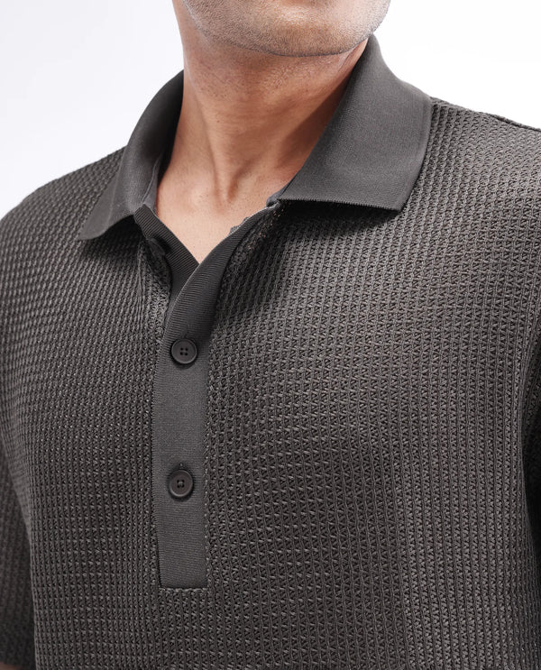 Rare Rabbit Men's Lbiza Dark Grey Cotton Fabric Short Sleeve Collared Neck Button Closure Knitted Shirt
