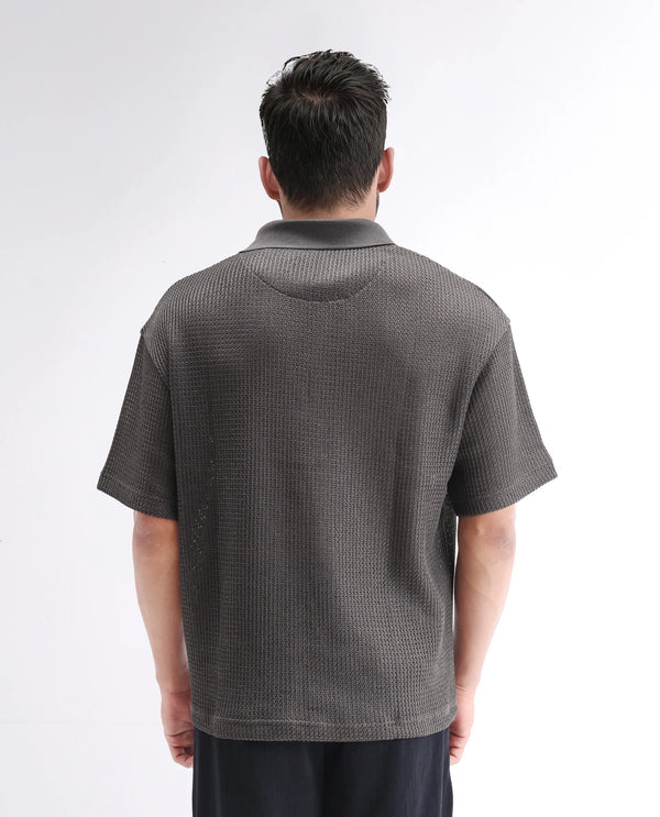 Rare Rabbit Men's Lbiza Dark Grey Cotton Fabric Short Sleeve Collared Neck Button Closure Knitted Shirt