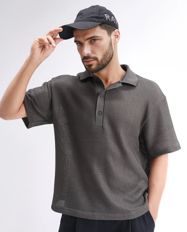 Rare Rabbit Men's Lbiza Dark Grey Cotton Fabric Short Sleeve Collared Neck Button Closure Knitted Shirt