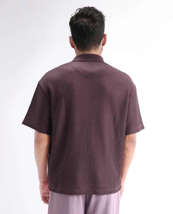 Rare Rabbit Men's Lbiza Maroon Cotton Fabric Short Sleeve Collared Neck Button Closure Knitted Shirt