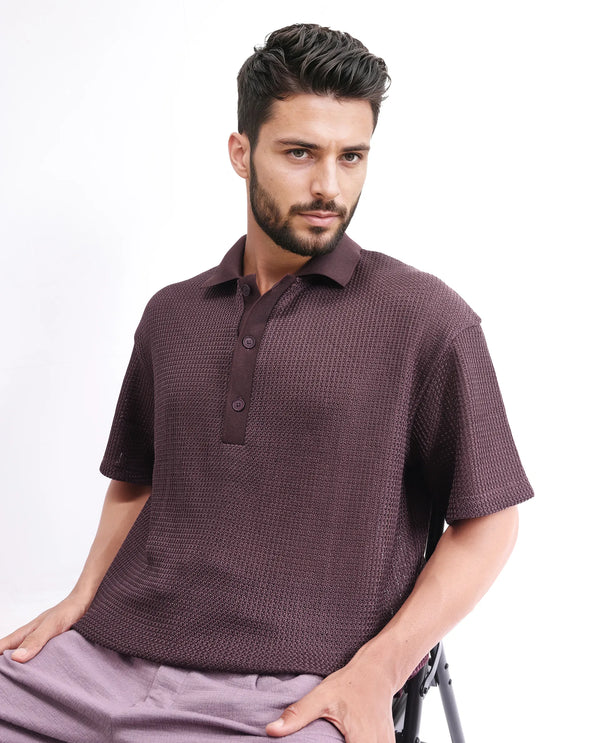 Rare Rabbit Men's Lbiza Maroon Cotton Fabric Short Sleeve Collared Neck Button Closure Knitted Shirt