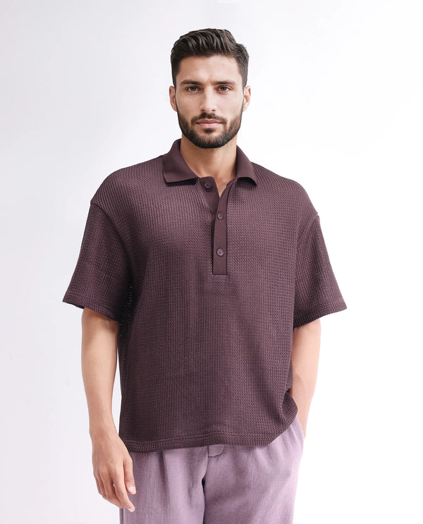 Rare Rabbit Men's Lbiza Maroon Cotton Fabric Short Sleeve Collared Neck Button Closure Knitted Shirt