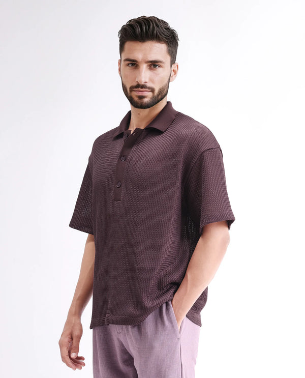 Rare Rabbit Men's Lbiza Maroon Cotton Fabric Short Sleeve Collared Neck Button Closure Knitted Shirt