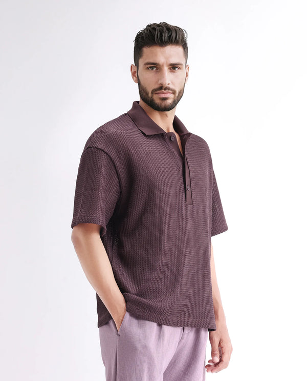 Rare Rabbit Men's Lbiza Maroon Cotton Fabric Short Sleeve Collared Neck Button Closure Knitted Shirt