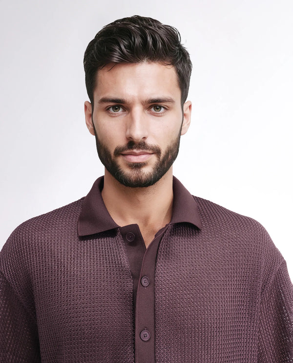 Rare Rabbit Men's Lbiza Maroon Cotton Fabric Short Sleeve Collared Neck Button Closure Knitted Shirt