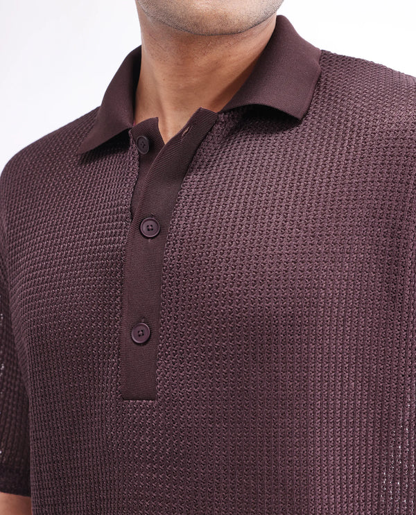 Rare Rabbit Men's Lbiza Maroon Cotton Fabric Short Sleeve Collared Neck Button Closure Knitted Shirt