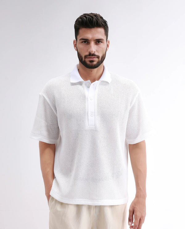 Rare Rabbit Men's Lbiza White Cotton Fabric Short Sleeve Collared Neck Button Closure Knitted Shirt