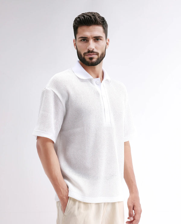 Rare Rabbit Men's Lbiza White Cotton Fabric Short Sleeve Collared Neck Button Closure Knitted Shirt