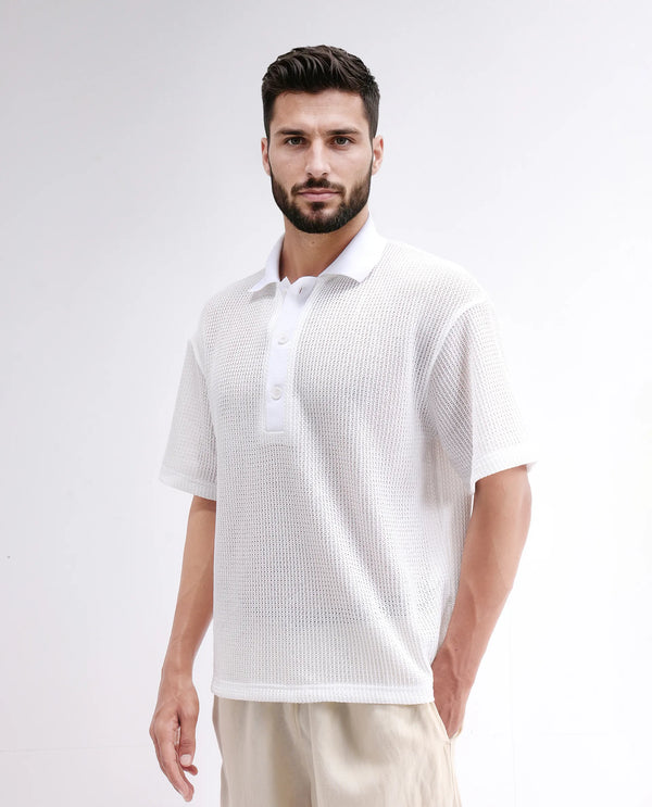Rare Rabbit Men's Lbiza White Cotton Fabric Short Sleeve Collared Neck Button Closure Knitted Shirt