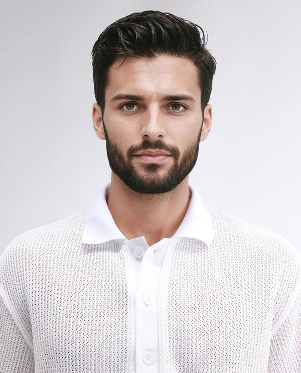 Rare Rabbit Men's Lbiza White Cotton Fabric Short Sleeve Collared Neck Button Closure Knitted Shirt