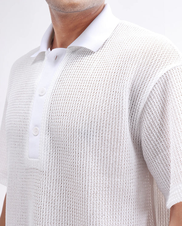 Rare Rabbit Men's Lbiza White Cotton Fabric Short Sleeve Collared Neck Button Closure Knitted Shirt