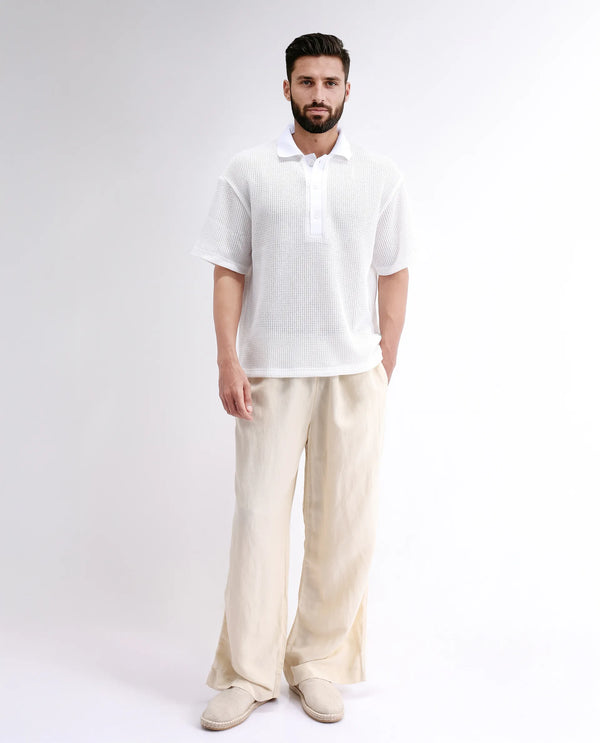 Rare Rabbit Men's Lbiza White Cotton Fabric Short Sleeve Collared Neck Button Closure Knitted Shirt