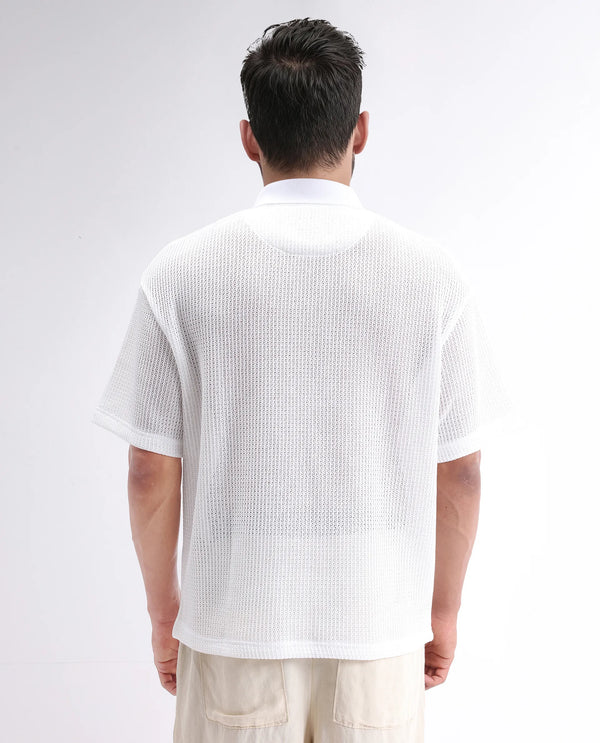 Rare Rabbit Men's Lbiza White Cotton Fabric Short Sleeve Collared Neck Button Closure Knitted Shirt