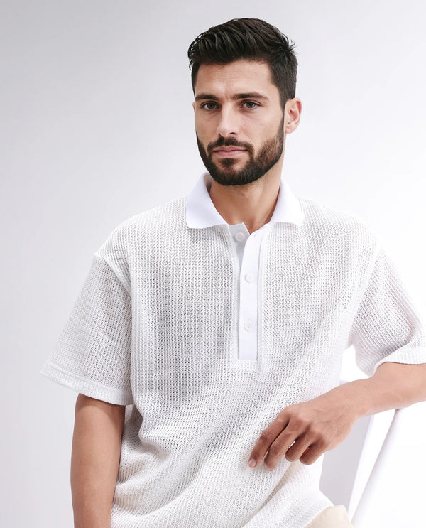 Rare Rabbit Men's Lbiza White Cotton Fabric Short Sleeve Collared Neck Button Closure Knitted Shirt