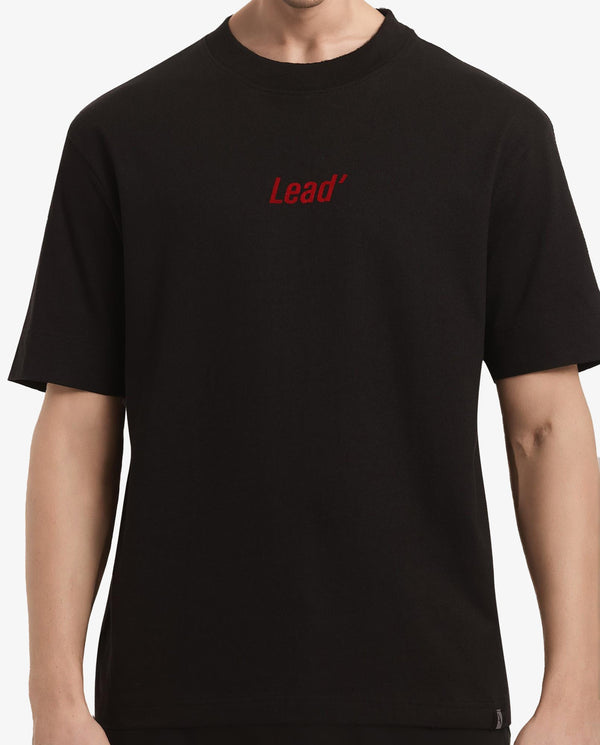 Rare Rabbit Men Lea Black Cotton Fabric Short Sleeve Crew Neck Oversized Fit Graphic Flock Print T-Shirt
