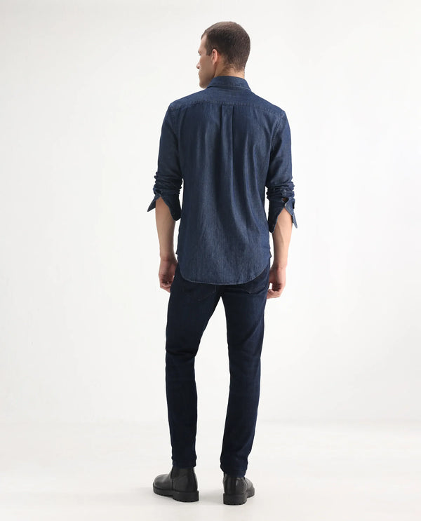 Rare Rabbit Mens Ledo Dark Navy Mid Rise Rinse Wash Slim Fit Raw Denim Jeans