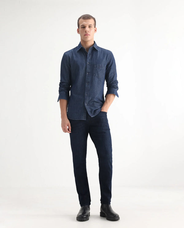 Rare Rabbit Mens Ledo Dark Navy Mid Rise Rinse Wash Slim Fit Raw Denim Jeans