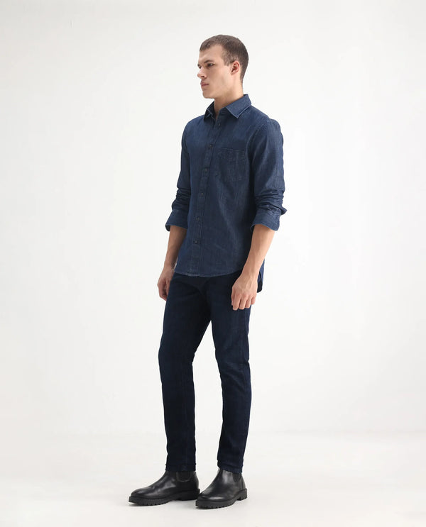 Rare Rabbit Mens Ledo Dark Navy Mid Rise Rinse Wash Slim Fit Raw Denim Jeans