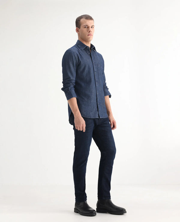 Rare Rabbit Mens Ledo Dark Navy Mid Rise Rinse Wash Slim Fit Raw Denim Jeans