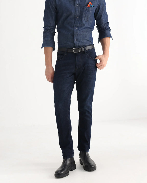 Rare Rabbit Mens Ledo Dark Navy Mid Rise Rinse Wash Slim Fit Raw Denim Jeans