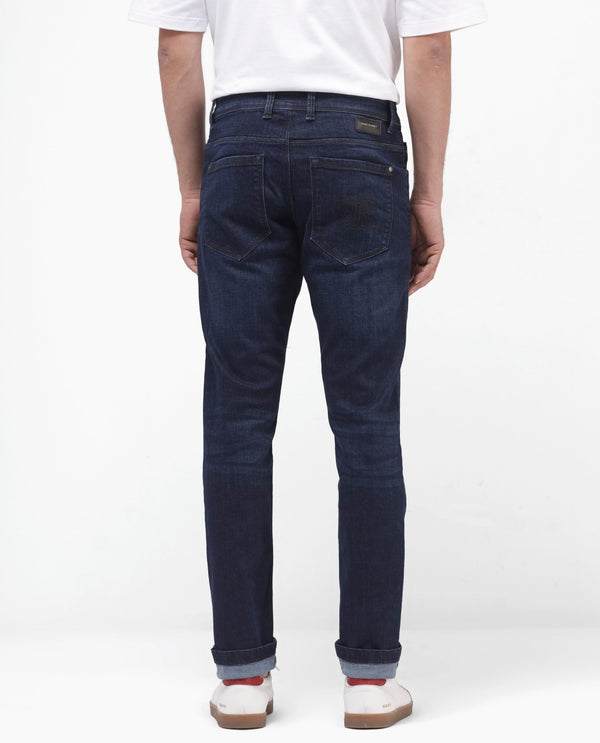 Rare Rabbit Mens Ledo Dark Navy Mid Rise Rinse Wash Slim Fit Raw Denim Jeans
