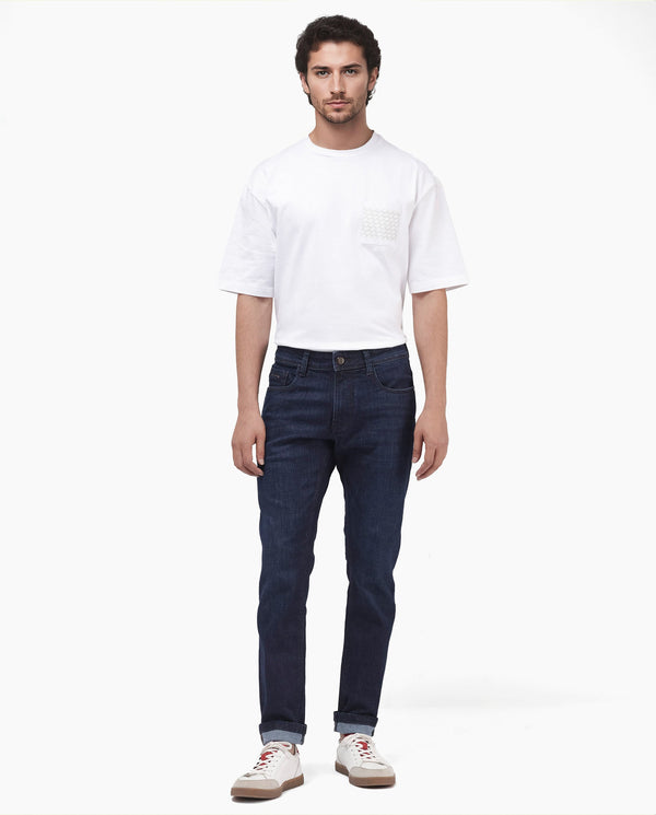 Rare Rabbit Mens Ledo Dark Navy Mid Rise Rinse Wash Slim Fit Raw Denim Jeans