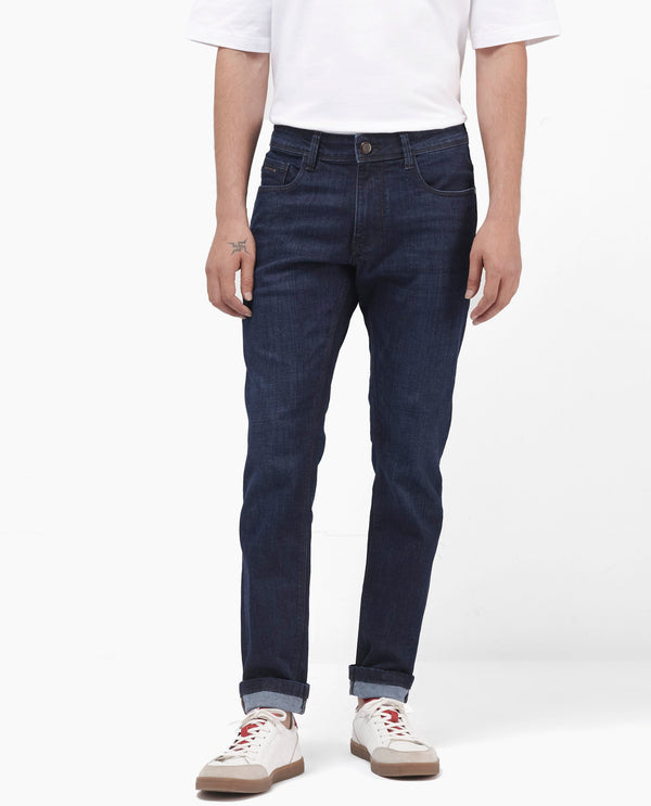 Rare Rabbit Mens Ledo Dark Navy Mid Rise Rinse Wash Slim Fit Raw Denim Jeans