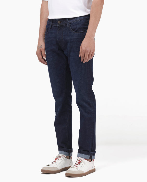 Rare Rabbit Mens Ledo Dark Navy Mid Rise Rinse Wash Slim Fit Raw Denim Jeans