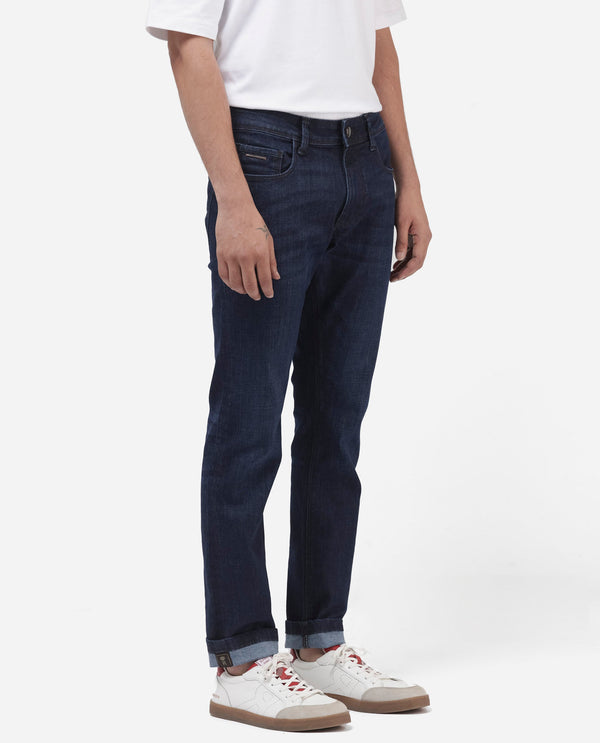 Rare Rabbit Mens Ledo Dark Navy Mid Rise Rinse Wash Slim Fit Raw Denim Jeans