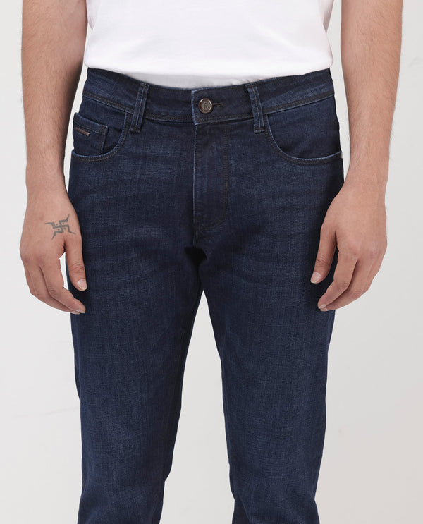 Rare Rabbit Mens Ledo Dark Navy Mid Rise Rinse Wash Slim Fit Raw Denim Jeans