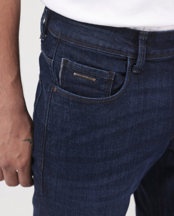 Rare Rabbit Mens Ledo Dark Navy Mid Rise Rinse Wash Slim Fit Raw Denim Jeans