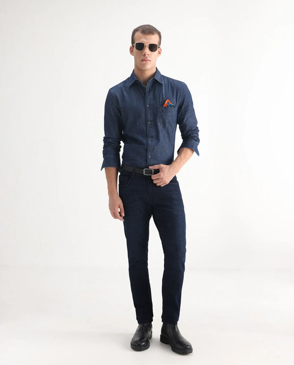 Rare Rabbit Mens Ledo Dark Navy Mid Rise Rinse Wash Slim Fit Raw Denim Jeans