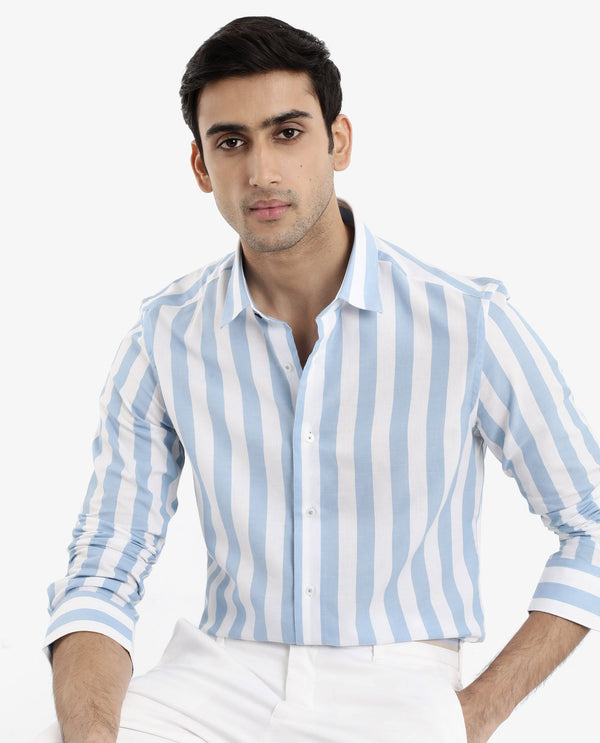 Rare Rabbit Men's Leeds Blue Cotton Fabric Full Sleeves Striped Shirt