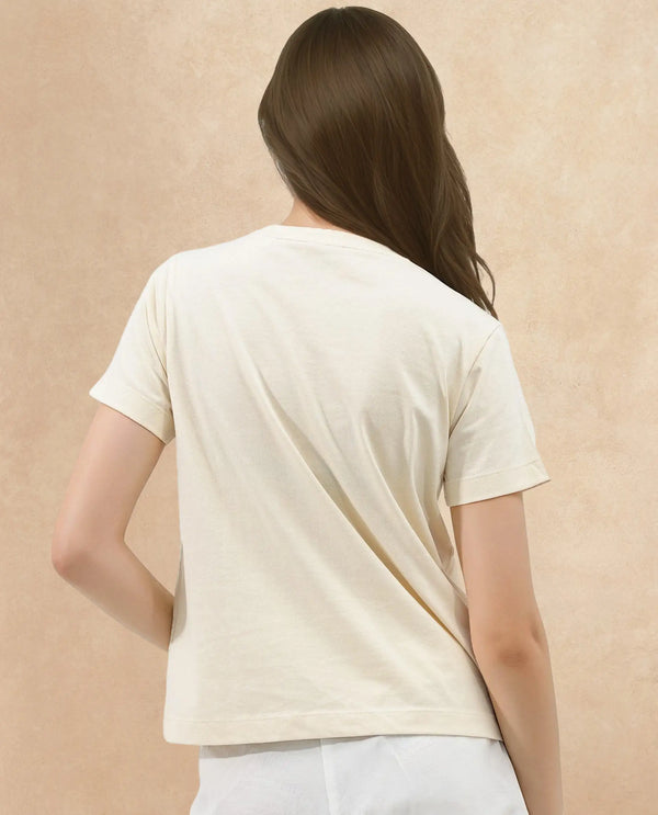 Rareism Women Lee Light Beige Cotton Poly Fabric Short Sleeve Crew Neck Solid T-Shirt